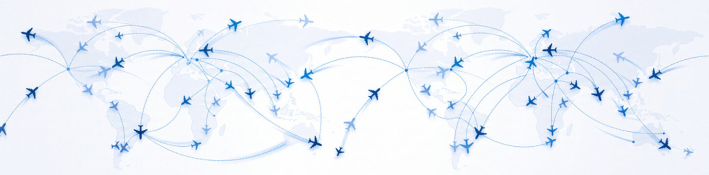 Global flight routes and travel paths on world map background