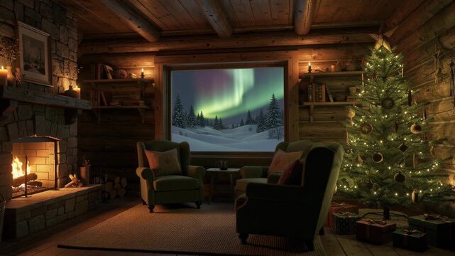 Cozy rustic cabin interior with Christmas tree fireplace and northern lights winter landscape outside window
