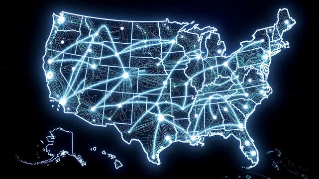 Digital glowing network map of United States showing interconnected cities and states with bright light lines