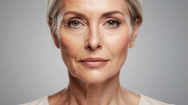 Close up of mature woman with half face showing aged skin and half smooth youthful skin beauty concept