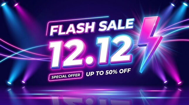 Flash Sale 12.12 Special Offer 50 Percent Discount Banner With Neon Lightning Bolt Futuristic Stage Design