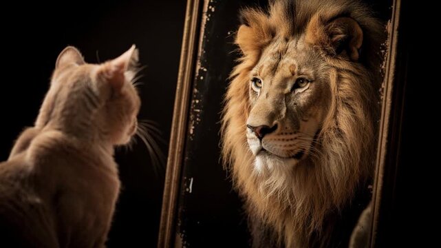 Cat looking into a mirror reflecting a majestic lion representing confidence and self-belief concept