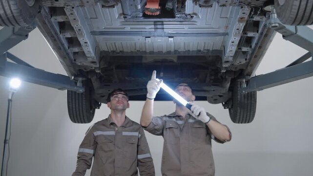 Two automotive technicians inspect the underside of an electric vehicle while examining components and electrical connections in a professional repair workshop.
