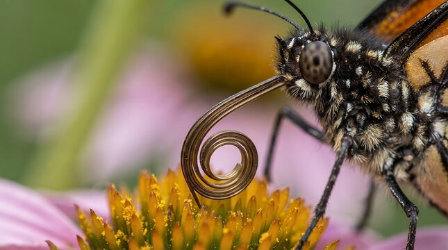 Monarch butterfly proboscis unfurled feeding on nectar from a pink coneflower macro shot.
