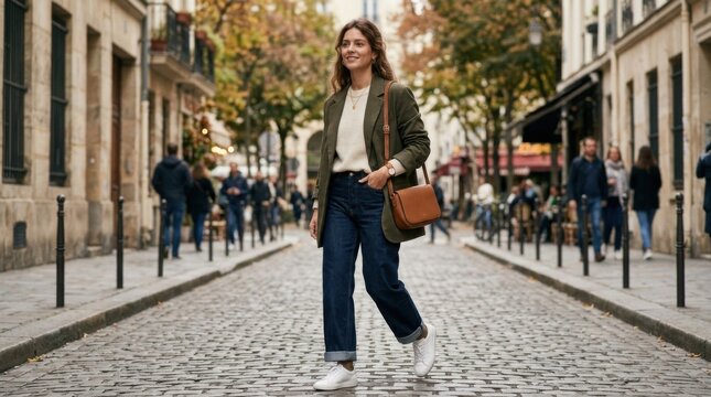 Young Woman Walking on City Street with Shopping and Casual Style