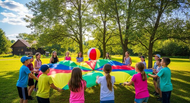 Children playing with parachute and ball in park, teamwork and fun outdoors