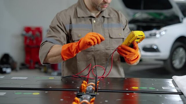 Automotive technician wearing protective gloves measures an electric vehicle battery using a multimeter during electrical testing and maintenance in a professional workshop.
