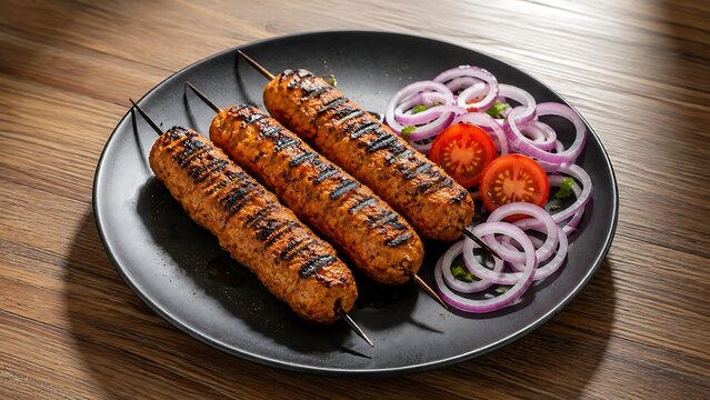 Three grilled kofta skewers with fresh onion and tomato salad, a classic Middle Eastern dish.