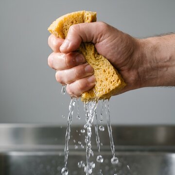 Close up of a hand squeezing a yellow sponge under running water droplets falling into a sink cleaning concept with natural lighting and wet textures