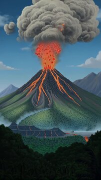 Erupting volcano with lava flow in lush mountainous landscape
