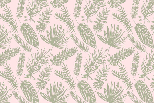 Tropical palm leaf pattern illustration in green and light pink with botanical tropical wallpaper