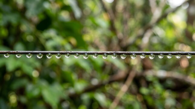 Row of water droplets lined up along a thin metal wire with blurred green foliage background macro photography of nature details after rain