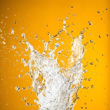 Splash of clear water droplets suspended in mid air against a vibrant orange background capturing dynamic motion and liquid texture