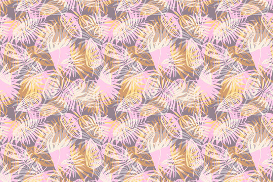 Abstract pastel pink and orange tropical leaf pattern illustration with tropical botanical seamless