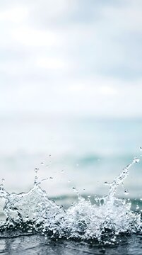 Splashing water droplets in motion against a blurred ocean and sky backdrop capturing the energy and clarity of fresh liquid with dynamic waves and