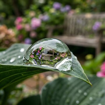 Water droplet on a green leaf with a garden bench and flowers reflected inside macro nature photography with vibrant colors and soft focus background