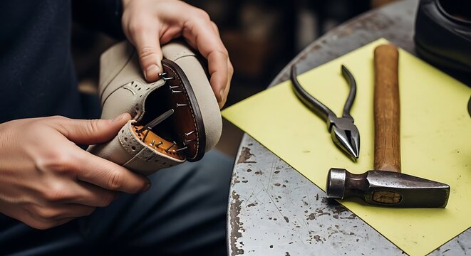 Shoemaker hands repairing traditional leather shoe with hammer and pliers in craft workshop