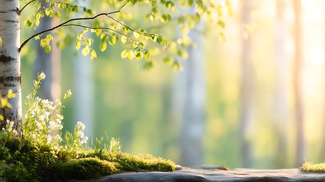 Sunlit forest scene with a tree branch, fresh green leaves, moss-covered ground, and golden sunlight filtering through tall trees