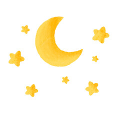 Hand drawn yellow crescent moon surrounded by stars isolated on black background © nita
