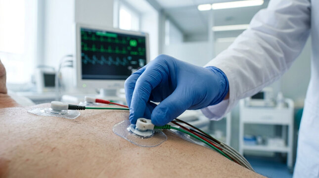 Doctor attaches ECG electrodes to patient's chest, monitoring heart.