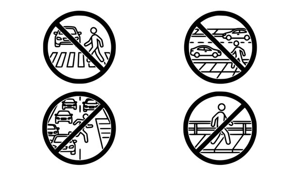 Vector line art prohibition icon set for traffic regulations restricting jaywalking, pedestrian road crossings, highway trespassing, and walking on busy motorways.
