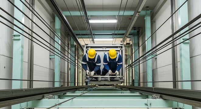 Engineers in safety gear performing maintenance on an elevator system within a vertical industrial shaft, focusing on technical repair and safety protocols