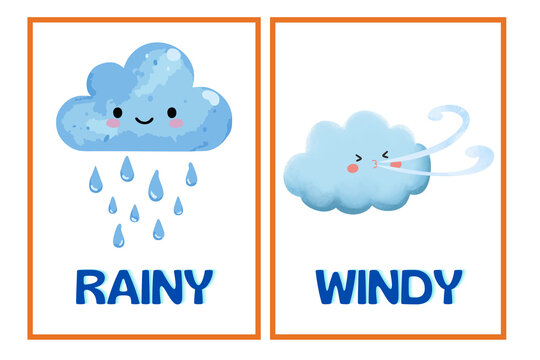 Educational weather flashcards featuring rainy and windy conditions flashcards education learning