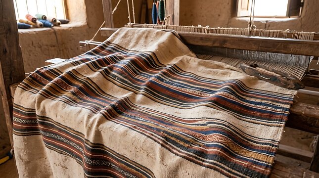 Handwoven textile fabric with linear striped pattern on a traditional wooden loom