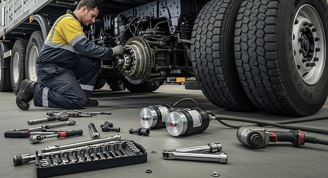Skilled mechanic performing essential brake maintenance on a heavy-duty semi-truck in a professional repair shop, ensuring road safety and operational efficiency for commercial transport