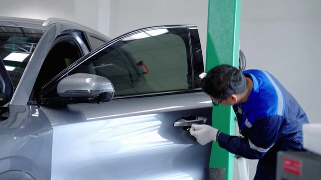 Automotive technician wearing protective workwear and gloves inspects the exterior and door of a vehicle during professional service work in an automotive workshop.
