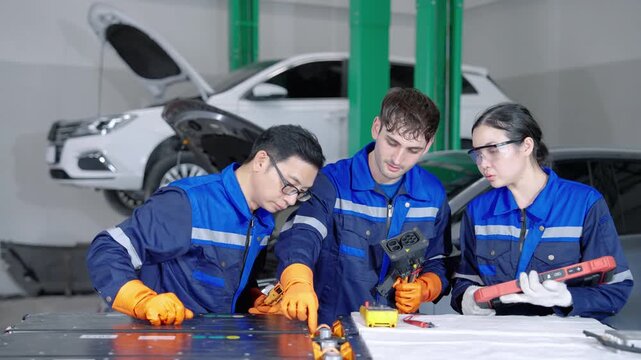 Three automotive technicians use specialized diagnostic equipment to inspect and test an electric vehicle battery system in a professional workshop.
