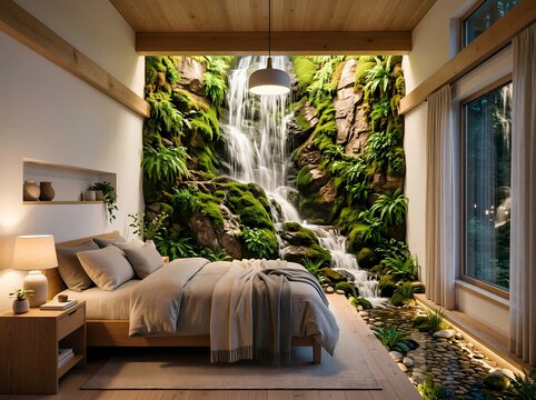 Modern minimalist bedroom interior design with a spectacular indoor waterfall feature wall, mossy rocks, flowing stream, and warm ambient lighting.