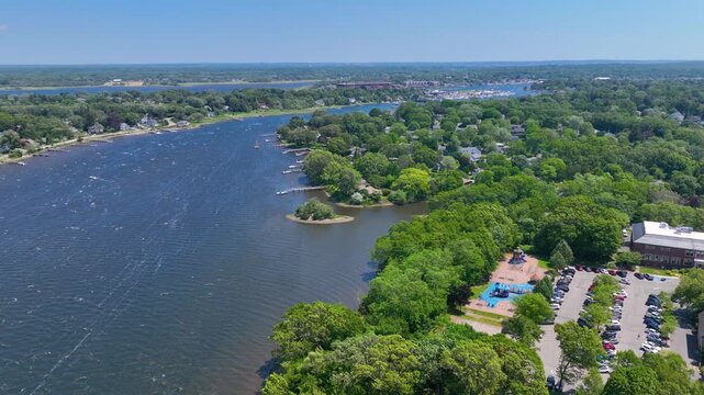 Historic waterfront building aerial view on Barrington River in historic town of Barrington, Rhode Island RI, USA. 