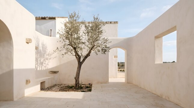 Minimal Mediterranean courtyard with warm plaster walls, limestone flooring and a single olive tree.