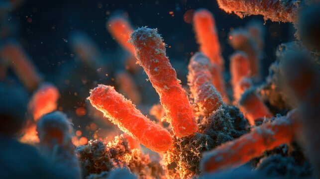 Microscopic 3D Bacillus Colony Attached Organic Surface Glowing Orange Rim Light Dark