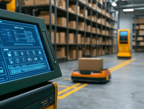 Smart warehouse logistics with automated guided vehicles agv and supply chain dashboard technology- 3D rendering