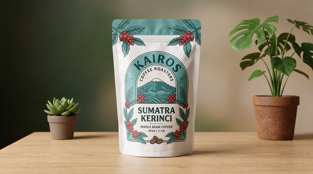 Sumatra kerinci coffee bag on wooden table with potted plants