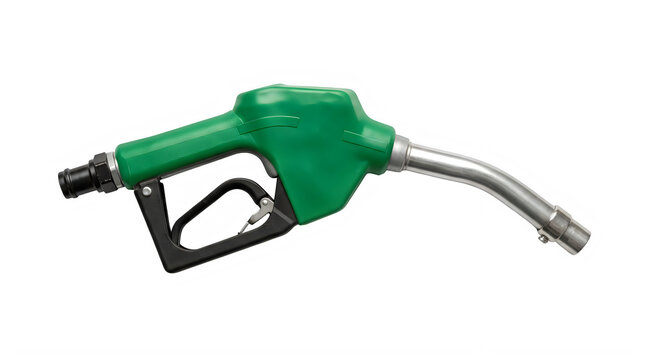 Green fuel pump nozzle for gasoline refueling isolated on transparent background