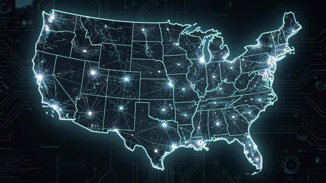 Futuristic glowing digital map of the United States with network connections and city nodes technology concept