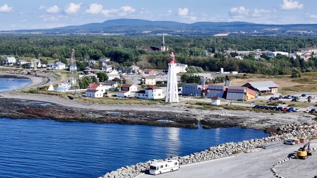 Aerial view of Pointe au Pere lighthouse near Rimouski on rocky coastline, Quebec, Canada, summer daylight. g.