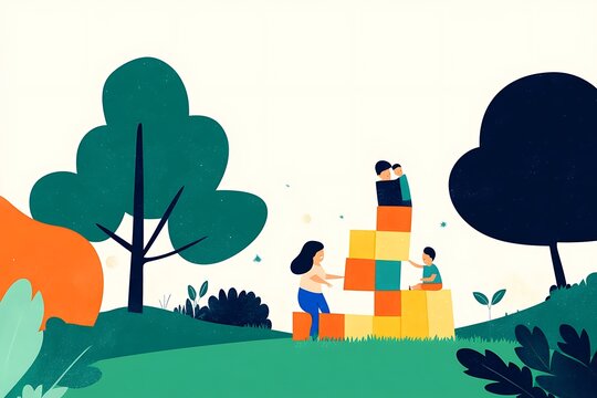 Children building a colorful block tower in a park