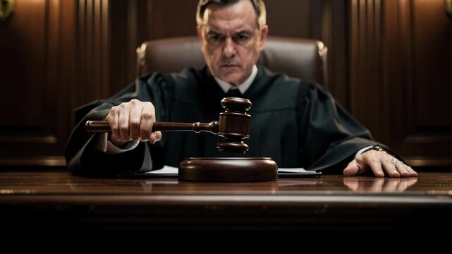Serious judge hitting gavel in courtroom delivering justice and legal decision