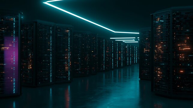 Working Data Center Full of Rack Servers and Supercomputers, Modern Telecommunications, Artificial Intelligence, Supercomputer Technology Concept.3d rendering,conceptual image.