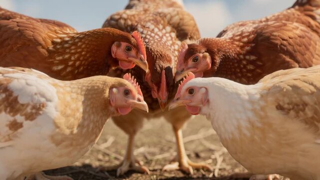 Close up of free range chickens pecking on organic farm soil under natural sunlight