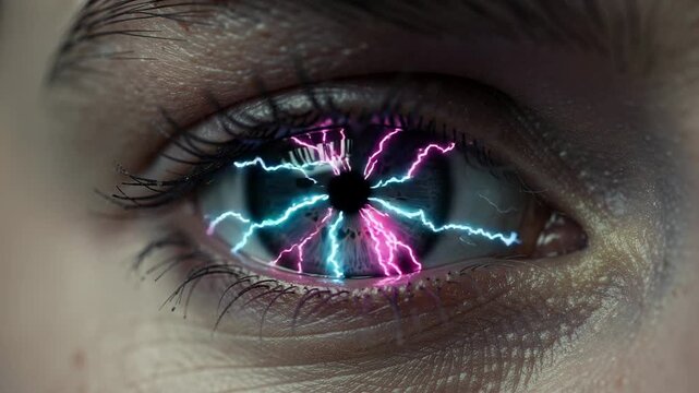 Close up of human eye with colorful electric lightning effect reflecting futuristic technology and energy