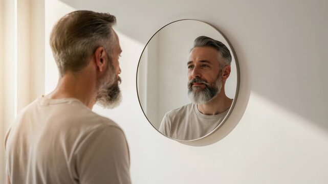 Middle aged man with gray beard looking at his reflection in a modern round mirror indoors
