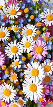 Whimsical floral arrangement with daisies and forget-me-nots, charm, delicate