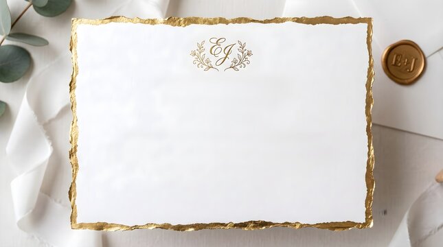 Elegant blank wedding invitation card featuring rough torn gold leaf edges plus intricate monogram detail on high quality white paper