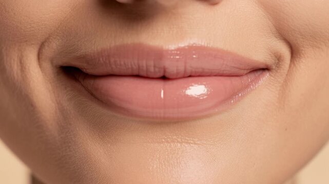 Close up of smiling lips with white teeth and glossy natural pink lipstick on smooth skin