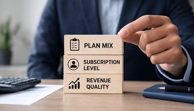 Professional placing wooden block with plan mix subscription level and revenue quality icons on desk